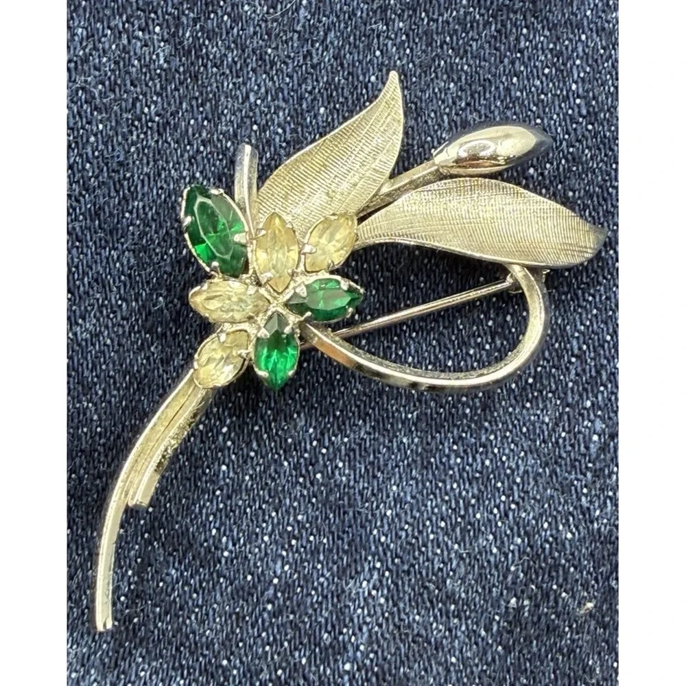 Vintage STAR ART Sterling Silver Flower Spray Brooch Pin Green Rhinestone 1950s
